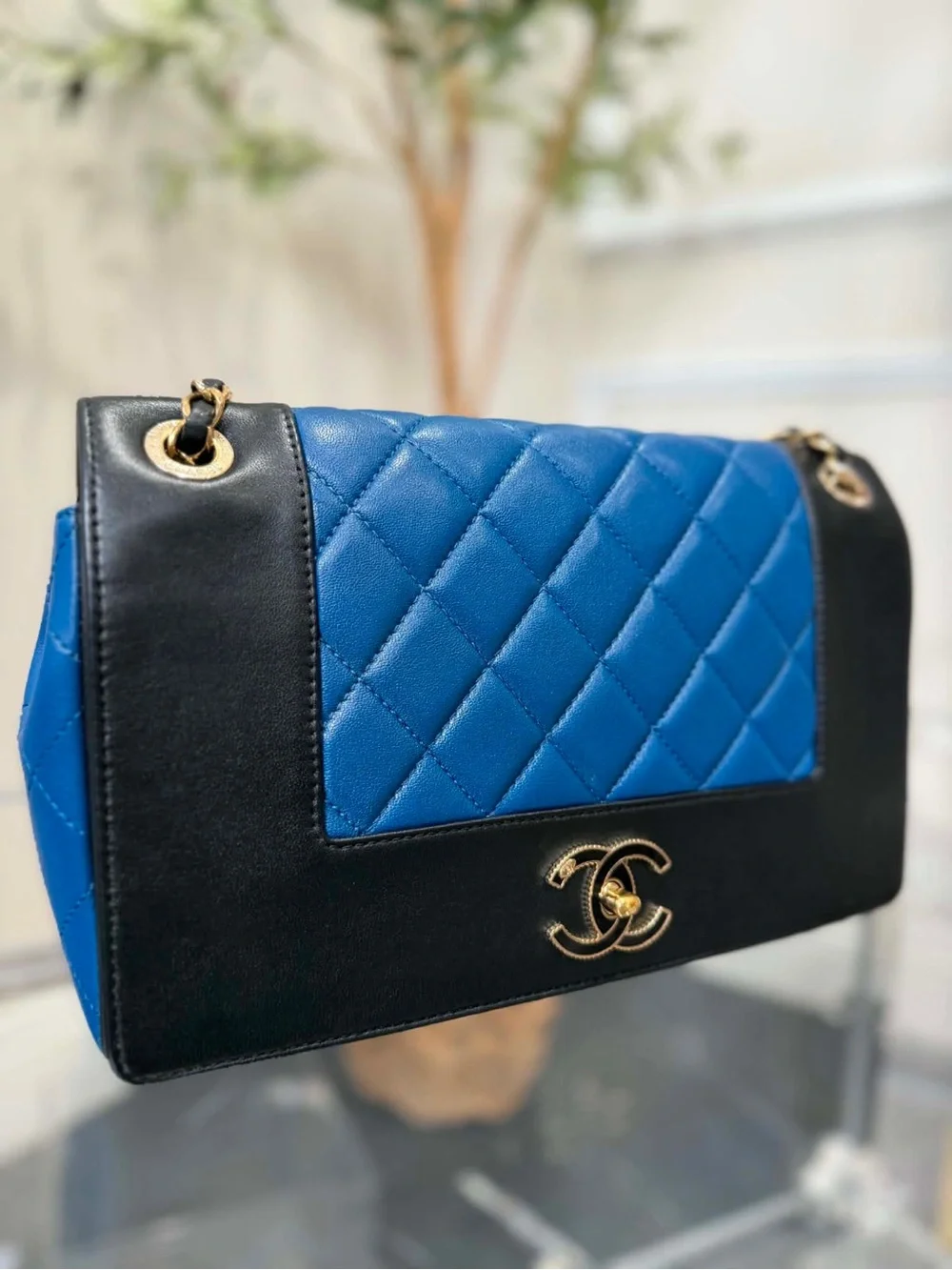 CHANEL Quilted Blue Center Panel Shoulder Bag with Black Trim
